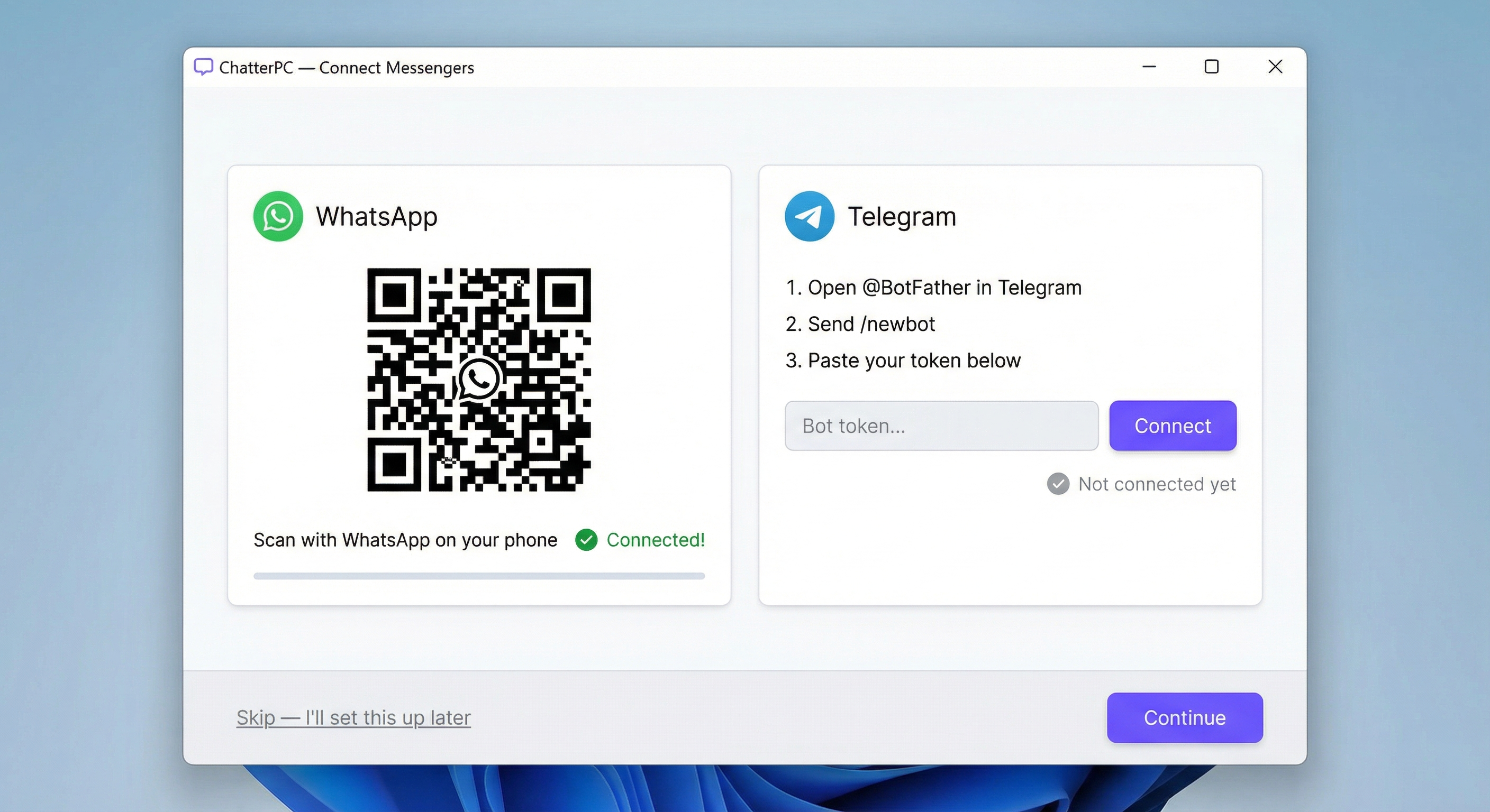 Connect WhatsApp and Telegram