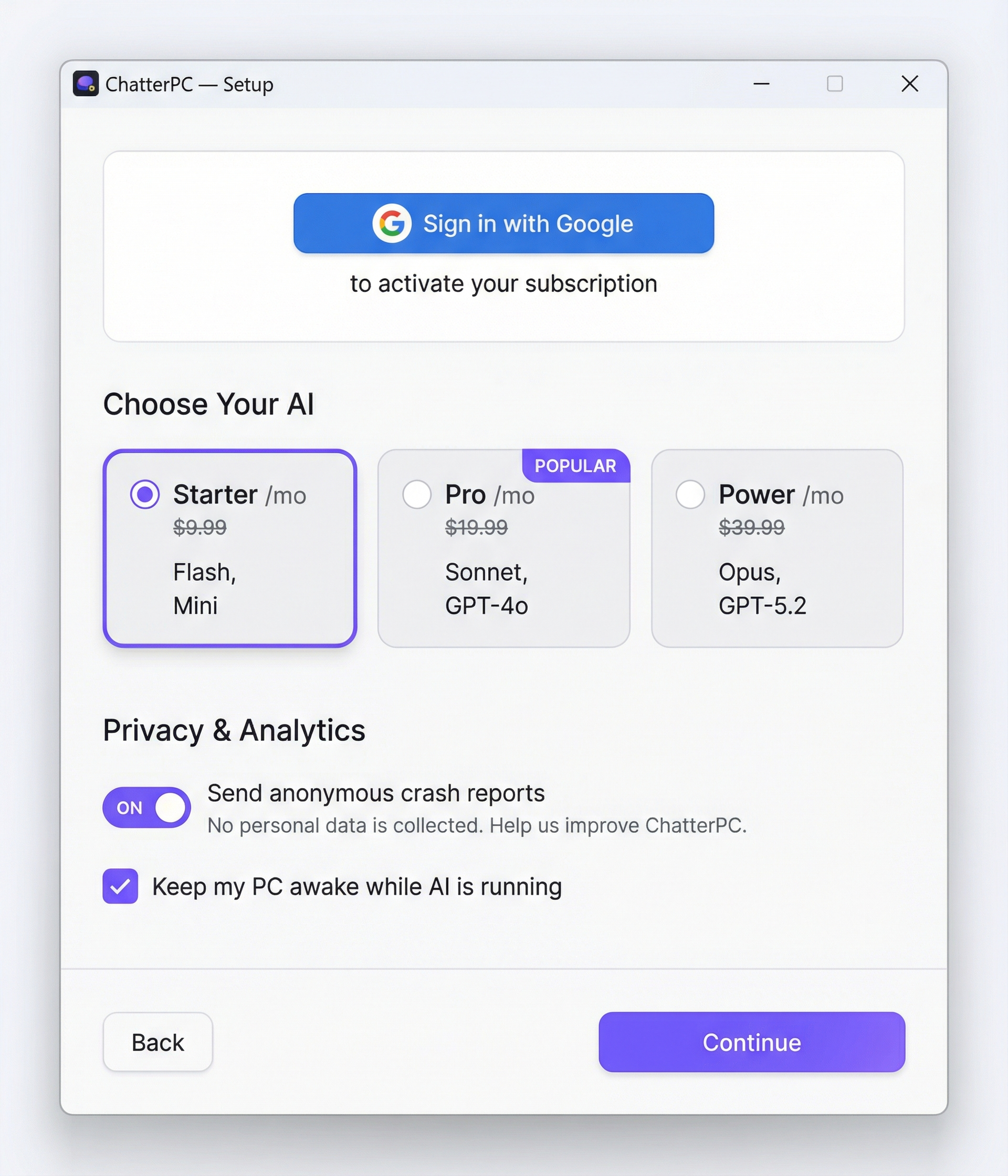 ChatterPC setup wizard